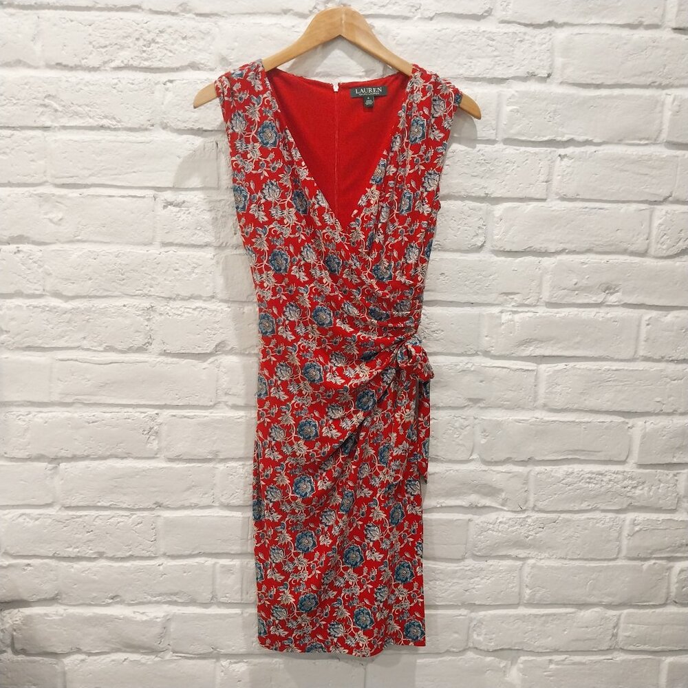 Ralph Lauren Faux Wrap Dress Womens 6 M Red Blue Floral Print Sleeveless Stretch